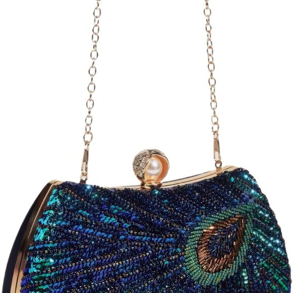 Women's Sequin Beaded Peacock Evening Clutch Purse Pearl Chain Vintage Handbag - Picture 3 of 7